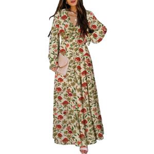BLENCOT Womens Casual Boho Floral Printed V Neck Long Sleeve Long Maxi Dress Spring Summer Dresses Orange XL