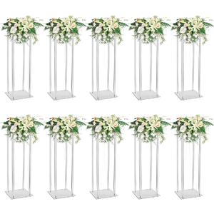 10 Pcs Acrylic Clear Vases for Wedding Centerpieces, 31.5" Tall Flower Stand, Engagement Home Party Table Decor Centerpiece Vases, Rectangular Acrylic Flower Stand with 50 Pcs Gold Napkin Rings