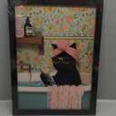 Framed Vintage Cat Canvas Wall Art, Funny Pink Animal Reading Books Painting Picture Print, Cute Kitten Lovers Aesthetic Wall Decor for Nursery Girls Room Bedroom Kids Room 16''L x 12''W