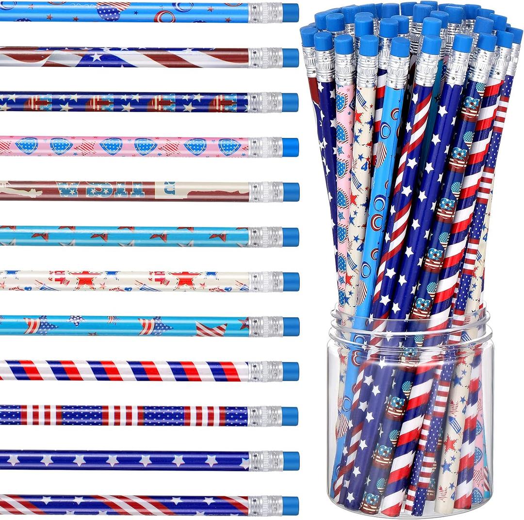 60 Pcs 4th of July Patriotic Pencil American Flag Pencils with Erasers USA Patriotic School Office Stationery for Independence Day Gift Prize Party Favor Office Supply Classroom Reward