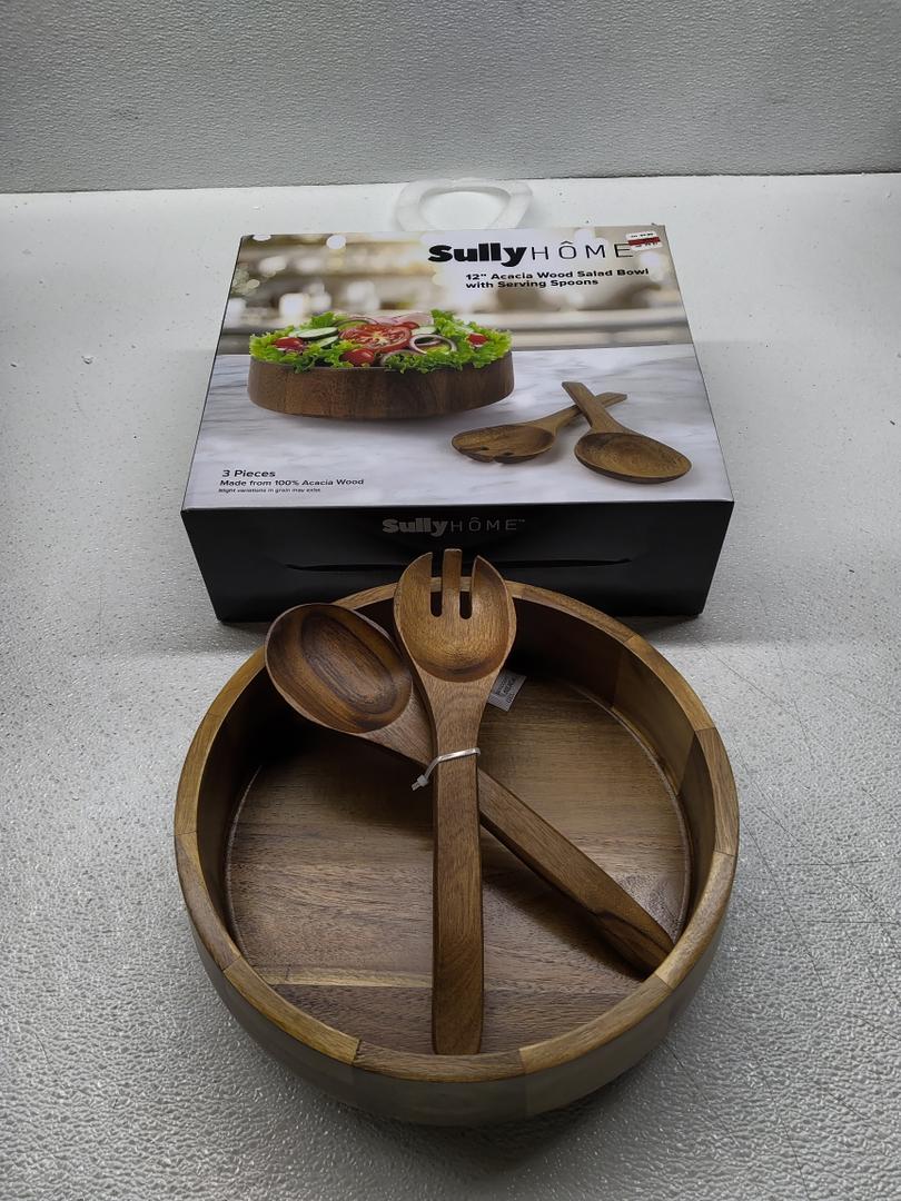 Sully Home 12" Acacia Wood Salad Bowl with Serving Spoons, 3 Pieces