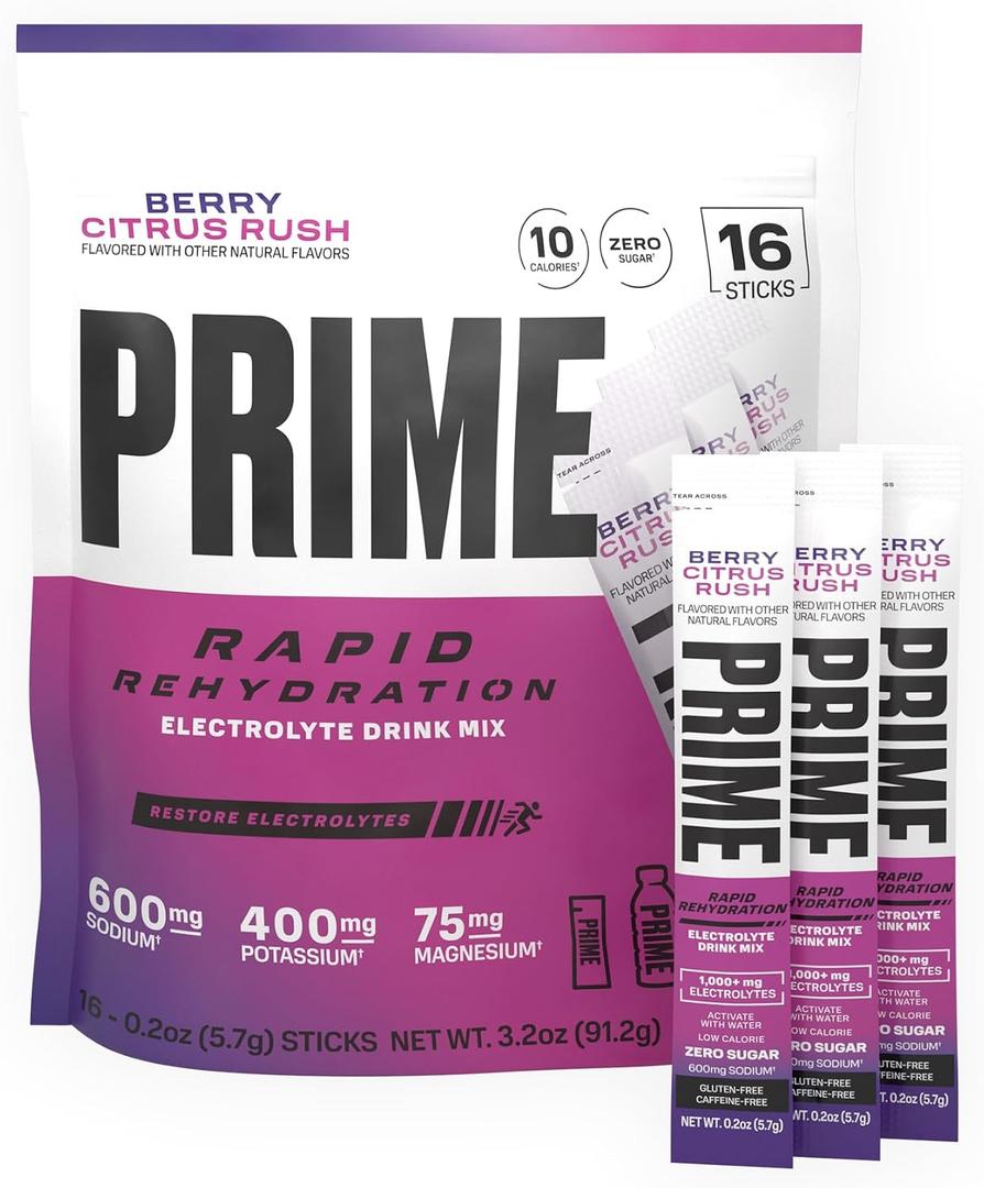 PRIME Rapid Rehydration Electrolyte Powder Sticks, Berry Citrus Rush, Sugar Free Hydration Drink Mix with Sodium, Potassium, Magnesium & B Vitamins to Replenish Fluids, Caffeine Free, 16 Count, BBD 07/27