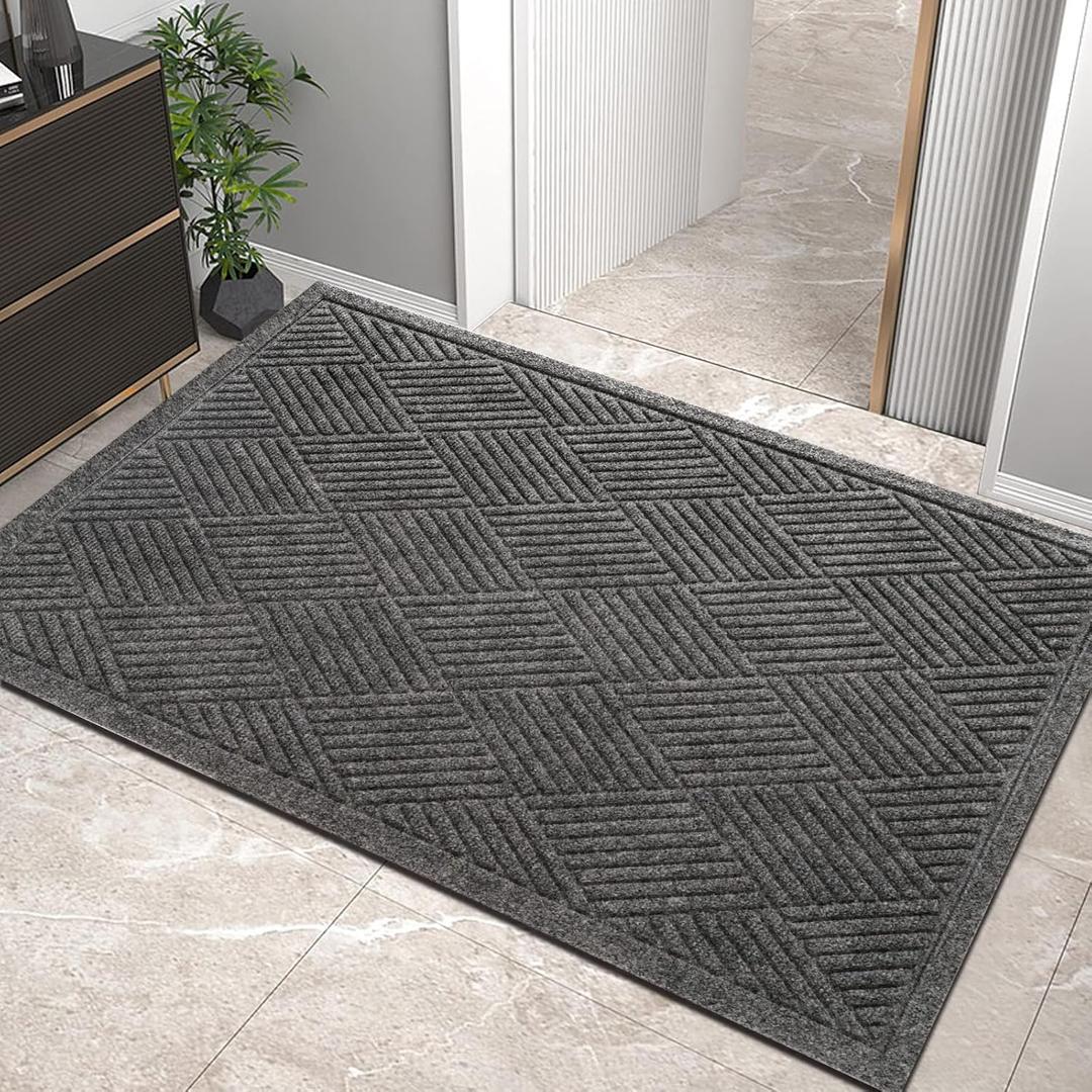 HIYARD Sturdy Front Door Mat, Absorbent Muddy Dirt Resist Welcome Door Mats Outdoor Indoor, Stain and Fade Resistant, Non-Slip Rubber Backing Low Profile Doormat for Entryway, 3624, Grey