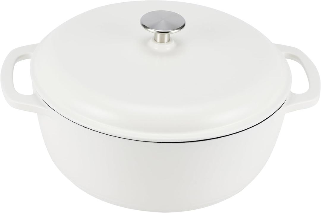 Amazon Basics Enameled Cast Iron Dutch Oven Pot with Lid, Round, Dual Handles, Heavy-Duty, Oven Safe for Stews, Roasting, Baking, 6-Quart, Matte White