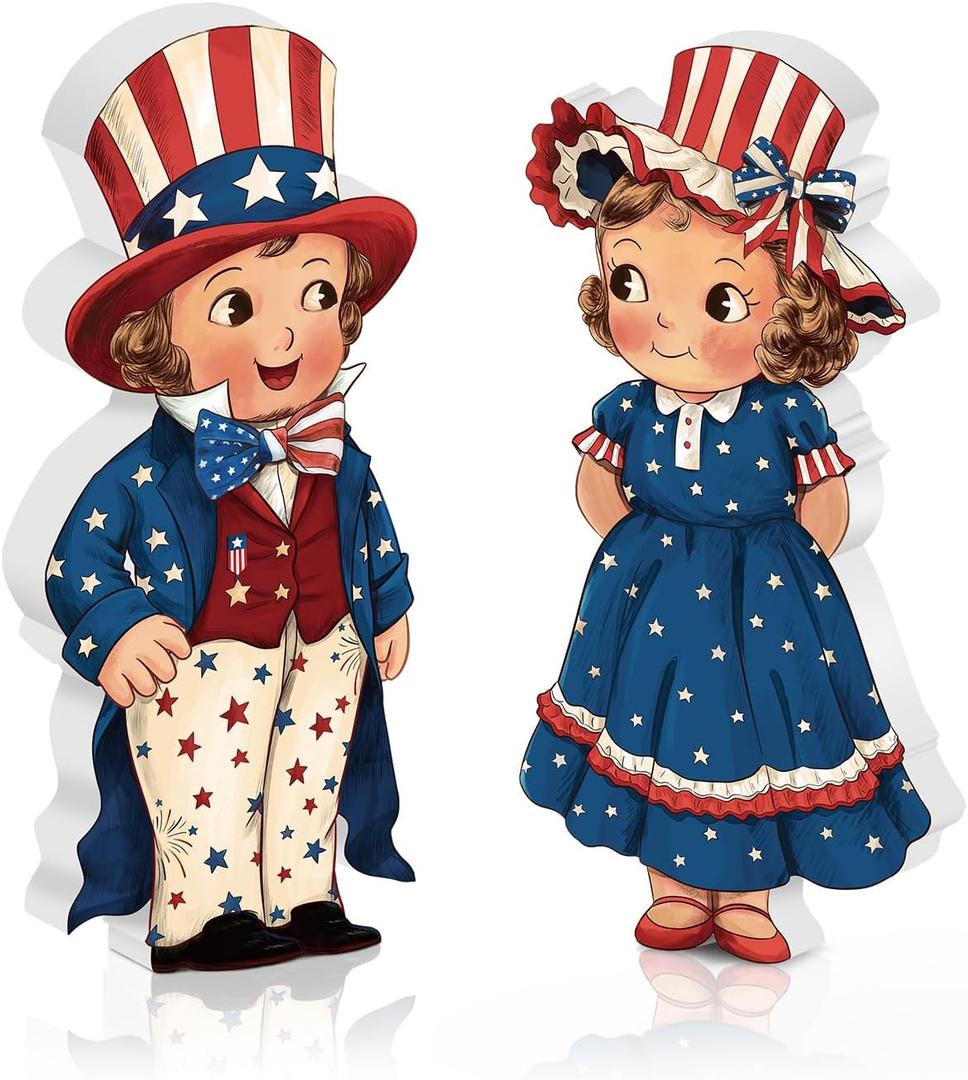 Juexica 2 Pcs 4th of July Tiered Tray Decor Patriotic Table Sign Memorial Day Table Decorations Patriotic Centerpieces Independence Day Wood Sign Farmhouse Wood Block for Party Home Desk