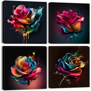 Colorful Rose Wall Art Abstract Graffiti Rainbow Flower Canvas Prints Pictures Bedroom Decor 12x12" 4 Pcs Modern Watercolor Black Background Paintings Artwork for Living Room Bathroom Home Decorations (12L" x 12W")