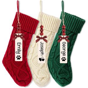Mostop 3 Pack Knit Christmas Stockings 18 inches Large Size Cable Knitted Stocking with 3 Leather Name Tag for Xmas Gift Family Holiday Season Decor