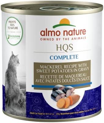 almo nature HQS Complete CAT Wet Cat Food Mackerel Recipe with Sweet Potatoes in Gravy - Grain-Free Cat Food Canned, 9.87 oz (Pack of 12) Best By: 12/30/25
