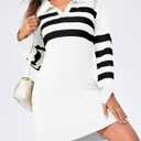 Saodimallsu Womens Striped Sweater Dress V Neck Collared Long Sleeve Slim Fit Ribbed Knit Trendy Mini Dresses (Medium, White)
