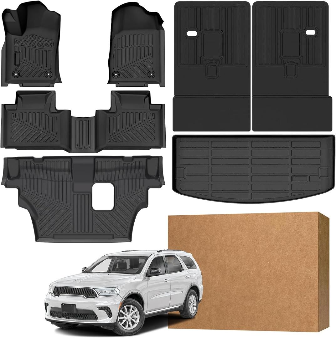 Floor Mats for Dodge Durango 7 Passenger 2016-2026 (Not for 5 Seats) | Custom Heavy Duty TPE All Weather Protection, Waterproof Non-Slip Black (Three-Row Floor Mats & Cargo Liner & Seatback Mat)