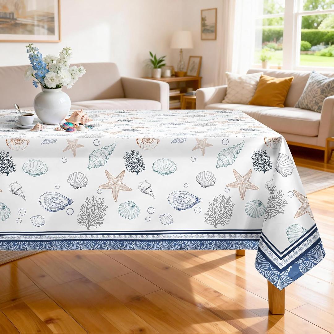 Coastal Seashell Tablecloth Waterproof, Summer Nautical Ocean Starfish Rectangle Table Cloth, Washable Table Cover for Kitchen Dining Party Decor (6084 Inch)
