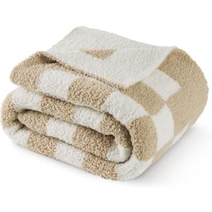 Bedsure GentleSoft Checkered Twin Blanket for Couch, Super Soft Cozy & Warm Knit Throw Blanket, Lightweight & Fluffy Plaid Blankets for Bedding, Sofa, Gifts for Women Men, Beige, 60x80 Inches