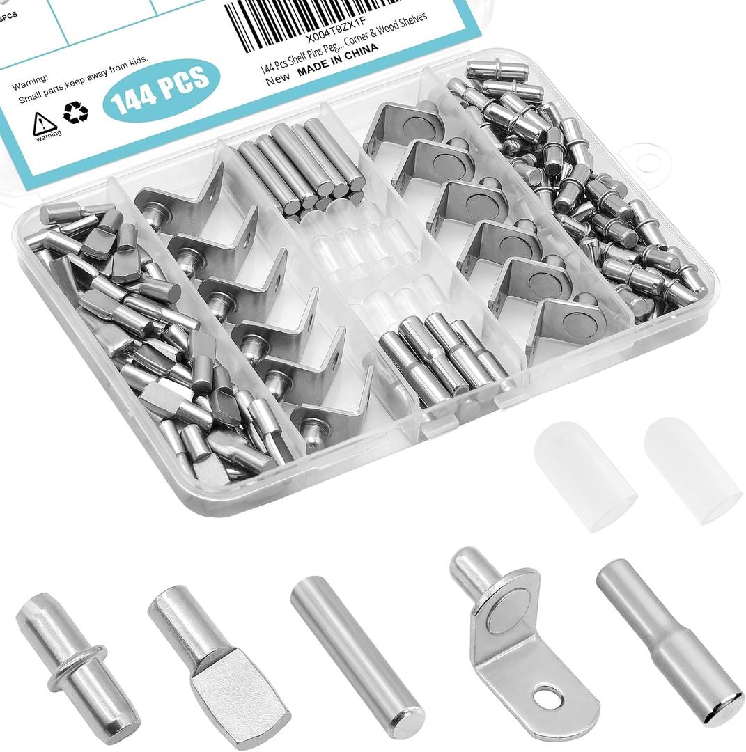 144 Pcs Shelf Pins Pegs Kit,5 Styles Metal Shelf Support Pegs,Cabinet Pegs for Shelves,Dual Diameter Shelf Pins with Silicone Covers,Shelf Bracket Holders for Furniture Glass Corner & Wood Shelves