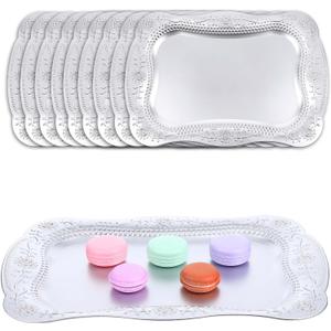10 Pcs Plastic Serving Trays Rectangle Platters for Dessert Display Tray for Decoration Embossed Serving Platter Dish for Parties, Weddings, Engagements, Birthdays (13" x 9",Silver)