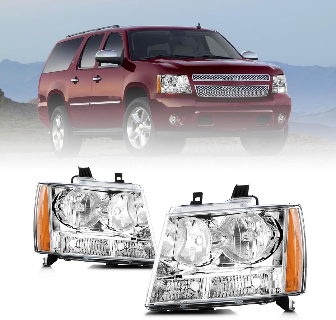 CMVT Auto Headlights Assembly Compatible for 2007 2008 2009 2010 2011 2012 2013 2014 Chevy Tahoe Suburban 1500 2500/07-13 Avalanche HeadLamp (Chrome Housing Amber Reflector)