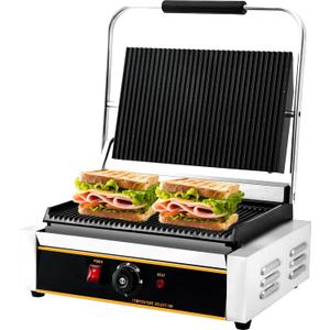 Commercial Panini Press Grill 2200W Countertop Electric Sandwich Maker with Adjustable Temp Control, Nonstick Coating, Grooved Plates Grill, for Burgers Steaks Panini