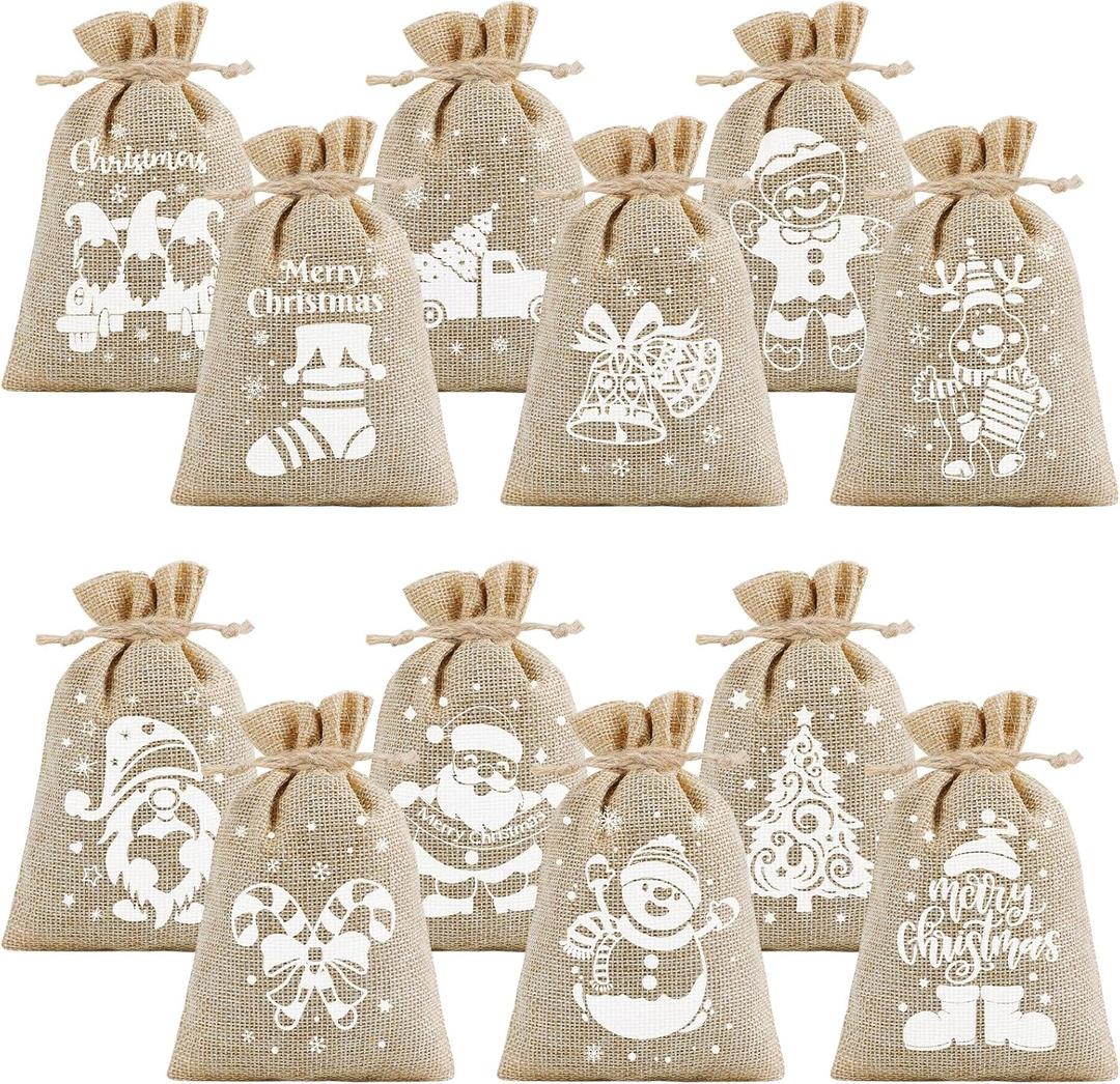 CCINEE 36pcs Christmas Burlap Bags, 46 Inch Drawstring Christmas Burlap Goody Gift Candy Bags with Double Jute Drawstrings Xmas Treat Bags for Candy Wrapper Xmas Party Favors (36pcs-White Patterns)