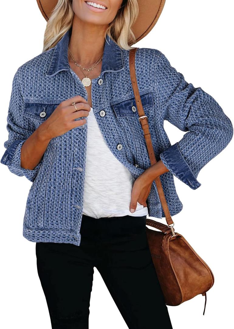 Luvamia Jean Jacket Women Trendy Texture Distressed Button Down Long Sleeves Casual Trucker Denim Jackets with Pockets (Blue, M)