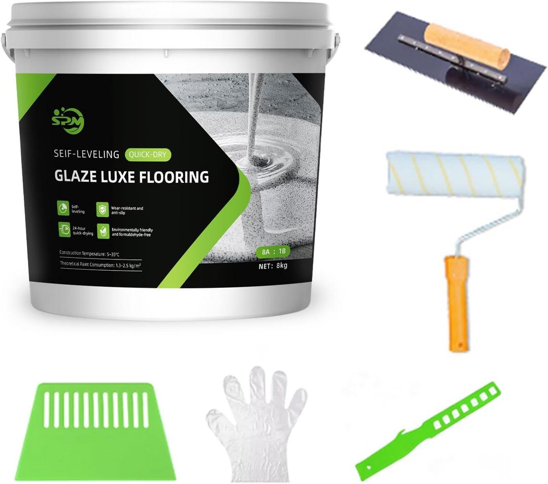 SPMG Self-Leveling Epoxy Floor Paint, High-Gloss Marble Effect, Quick-Dry, Wear-Resistant, Anti-Slip Coating for Indoor and Outdoor cement tile wood garage Floors，60 Sq Ft epoxy sand self leveling paint, 320 Fl Oz