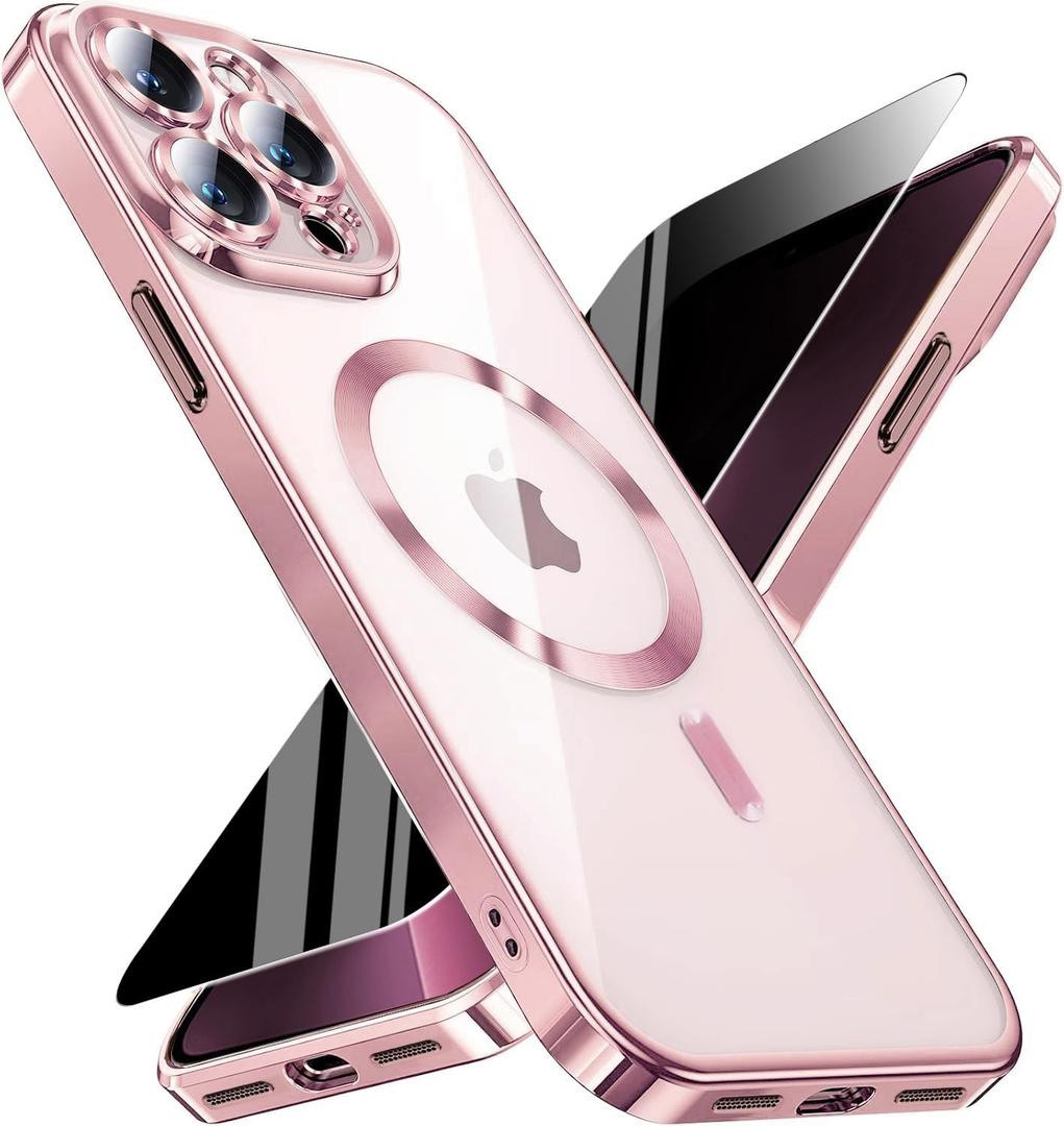 Magnetic for iPhone 13 Pro Max Case with Privacy Screen Protector & Full Camera Cover,[Non-Yellowing] Plating Glossy Soft Shockproof Clear Phone Case with MagSafe Women Girls for 13 ProMax,Pink | Magnetic, Full Camera Cover, Non-Yellowing, Plating Glossy, Soft