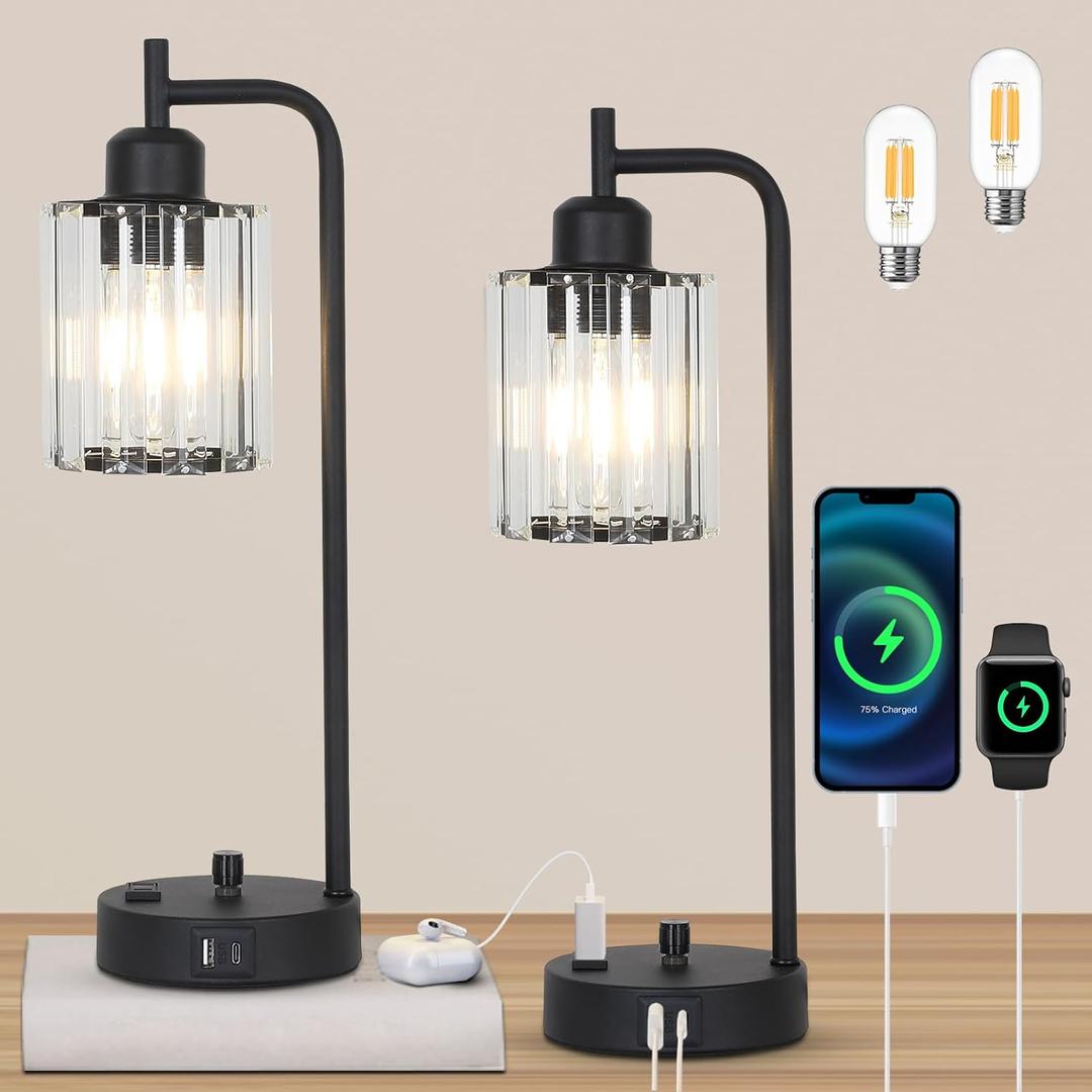 Black Table Lamps Set of 2 with LED Bulbs, Crystal Shade, Modern Bedside Lamps for Night Stands with USB Charging Ports and Outlet, Industrial Nightstand Desk Lamp for Bedroom Living Room