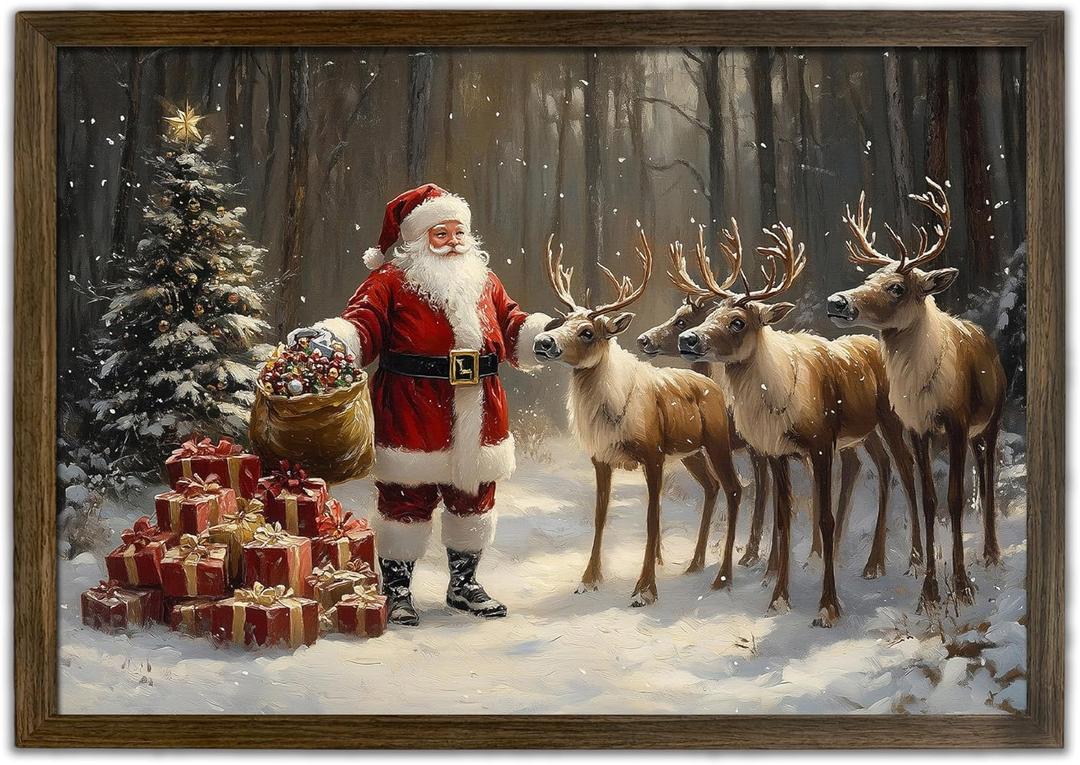 KVTM Christmas Canvas Framed Wall Art, Vintage Santa Claus Pictures Holiday Snowy Forest Painting, Festive Santa and Reindeer Prints Artwork Decor Large Canvas for Living Room Bedroom, 12x16 inches