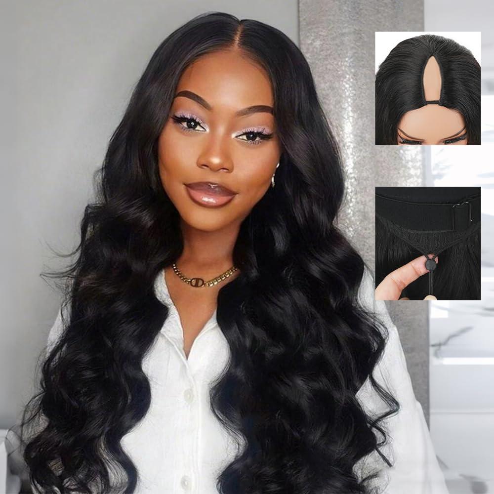 V Part Wig Human Hair Body Wave Upgrade U Part Human Hair Wigs With Adjustable Drawstring 250% Density Glueless No Leave Out V Shape Wigs Full Head Clip In Half Wig For Women (Natural Black, 18 Inch)