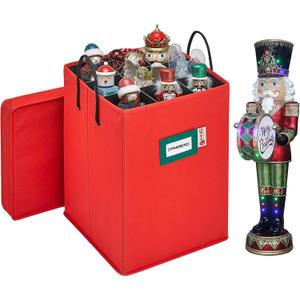Christmas Nutcracker and Figurine Collectible Storage Box - Stores Up to 9-16" Tall Nutcrackers, Ornaments, and More - Holiday Decor Organizer with Adjustable Dividers - Nutcracker not Included (Red)