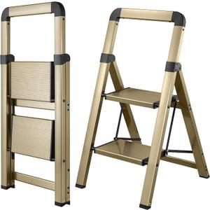Step Ladder 2-Step Champagne Gold Finish Aluminum Folding Step Ladders,Anti-Slip Max 330 lbs