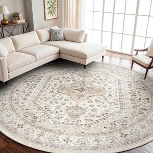 Puino 9FT Round Area Rugs for Living Room: Circle Rugs Machine Washable Oriental Low Pile Soft Non Slip Backing Vintage Indoor Rug for Bedroom Nursery Dining Room Home Office Beige/Gray