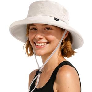FURTALK Wide Brim Sun Hat with Ponytail Hole for Women UPF 80+ UV Protection Packable Bucket Hiking Travel Outdoor Hat (Medium-Large, Beige)