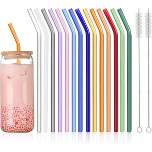 14 Pcs Reusable Bent Colorful Glass Straws,9''x8 mm Shatter Resistant Cute Drinking Straws with 2 Cleaner Brush for Coffee,Juice,Cocktail,Teas,Beverages