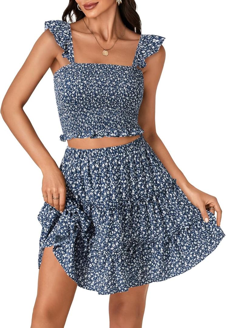 LYANER Women's 2 Piece Outfits Summer Flora Print Smocked Cami Crop Top and Mini Skirt Set for Vacation