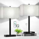 21" Set of 2 Touch Control Table Lamps with 2 USB & AC Outlets, 3-Way Dimmable Modern Nightstand Lamps for Bedroom Living Room Office Reading, Gray Shade Bedside Lamps, 5000K LED Bulbs Included (Gray Linen & Matte Black(Base)-Two 5000K Bulbs Included)