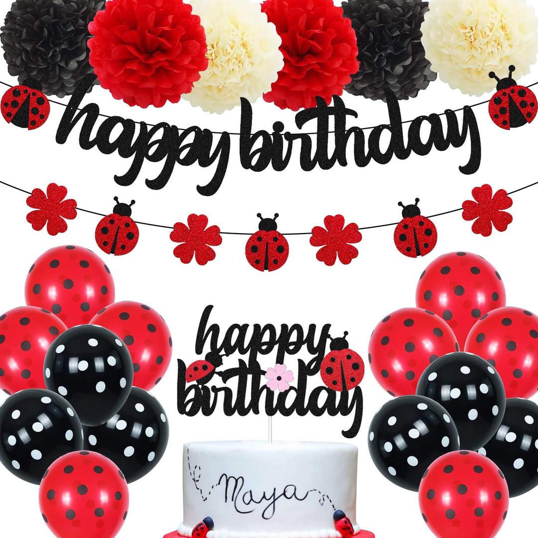 Ladybug Birthday Decorations Ladybird Happy Birthday Banner Ladybeetle Cake Topper Black Red Latex Balloon Pom Pom Flowers for Ladybug Theme Bday Party Supplies