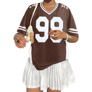 Jersey Shirts for Women Oversized V Neck Tshirt Number Graphic Shirt Casual Y2k Streetwear Tee Tops (Brown, S)