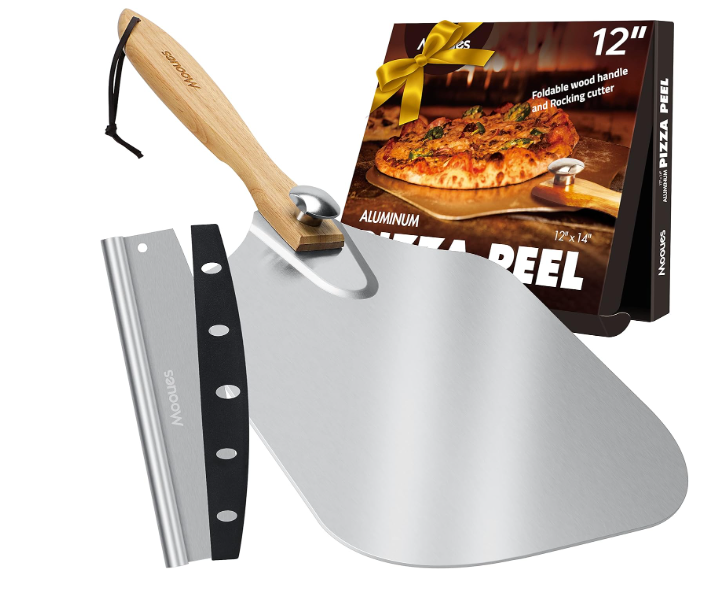 Pizza Peel Aluminum Pizza Spatula, Mooues 12 inch Metal Pizza Paddle(12"x 14")with Rocker Cutter Foldable Wood Handle, [Storage bag included], for Family Pizza Oven Baking Pizza, Dough, Bread & Pastry