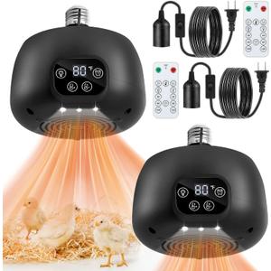 2 Pack Chicken Coop Heater with Remote, 200W Chicken Coop Warmer Temperature Control with Lights, Heat Lamps for Chickens with Digital Display and 5Ft Cable for Reptiles/Duck/Lizard