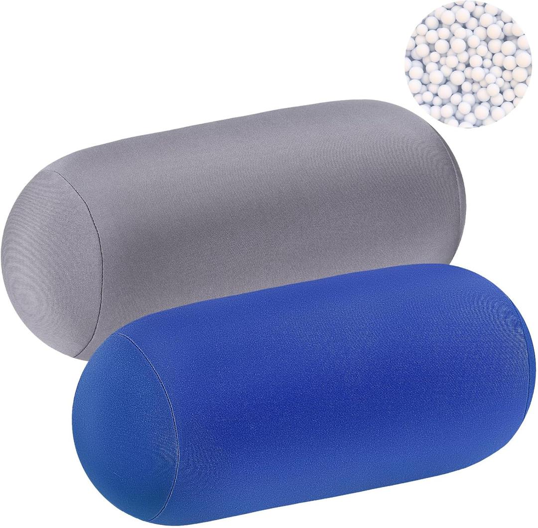 Geelin 2 Pcs Micro Bead Roll Pillow 11.8 x 6.3 Inch Soft Bolster Cylindrical Pillow for Sleeping Home Travel Neck Head Back Support Rest(Grey, Blue)
