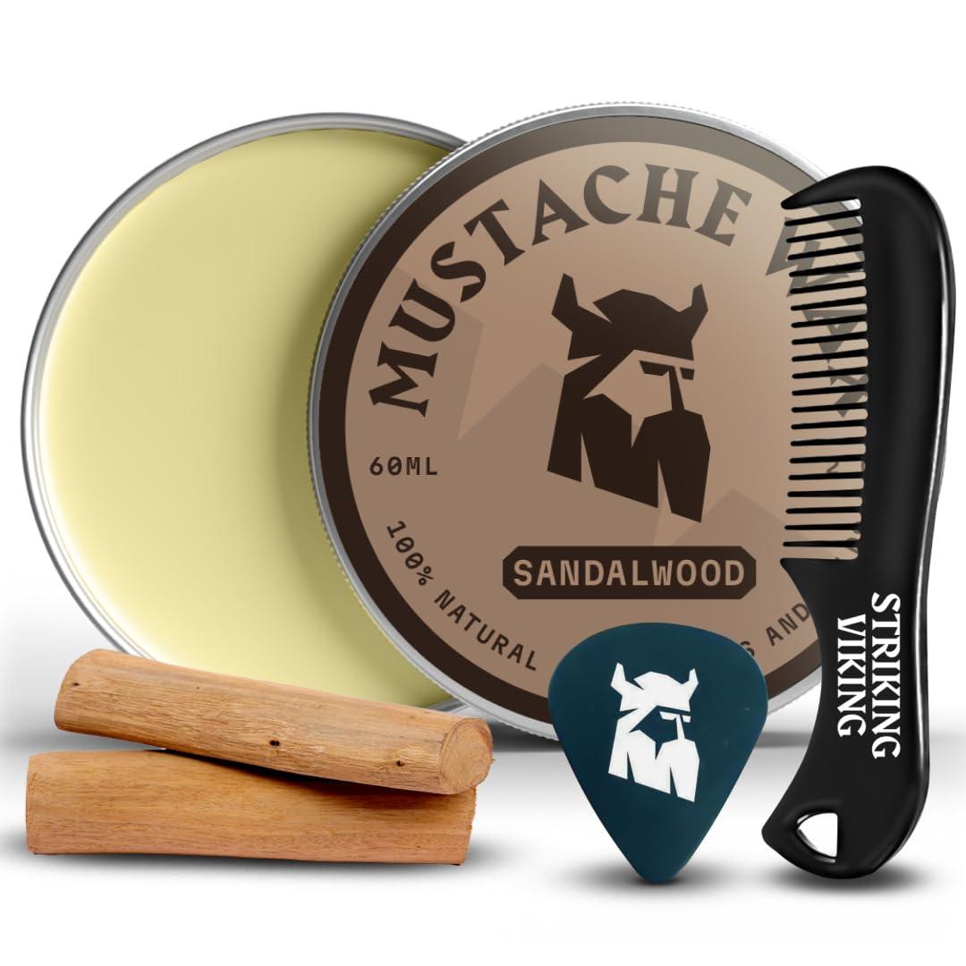 Striking Viking Mustache Wax & Comb Kit - 2 Oz, Medium/Strong Hold, Sandalwood Scent, 1 Pocket Comb - Mustache Grooming Kit for Men - Moisturize, Tame & Style - Non-Greasy, with Beeswax (1 Ounce (Pack of 2))