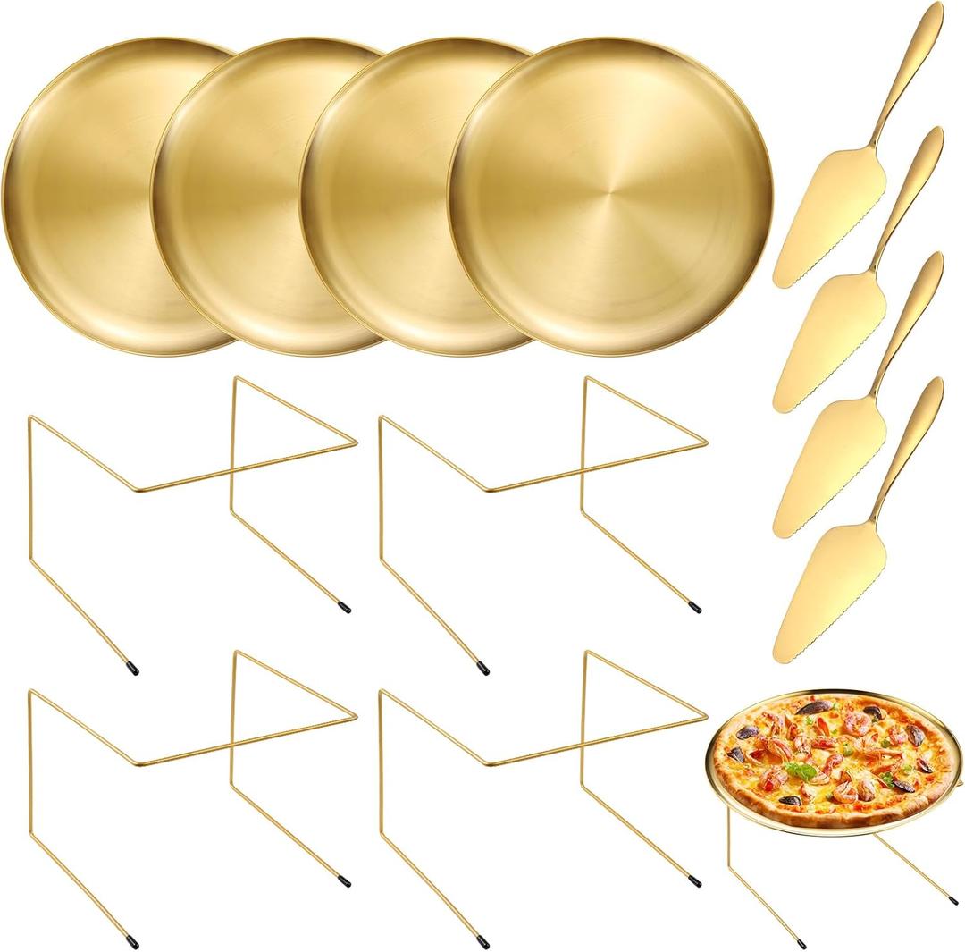 GRETJOB 12 Pcs Pizza Pan Riser Stand Set, 4 Metal Pizza Table Stands + 4 Nonstick Pizza Pans + 4 Pie Servers, Gold Pizza Rack & Tray for Baking, Dessert, Cheese, Party, and Restaurant Use (Gold)