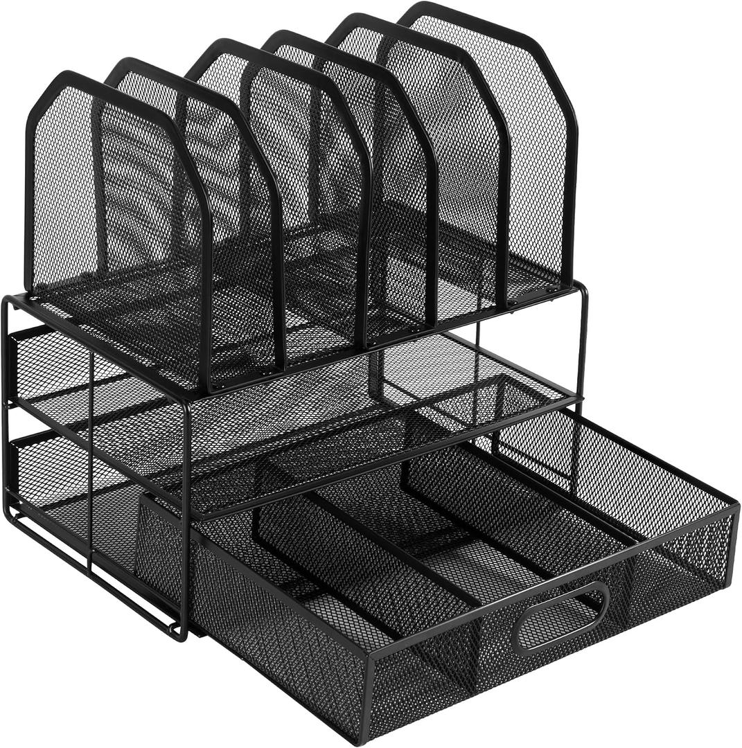 Amazon Basics Mesh Desk Organizer with Sliding Drawer, Double Tray and 5 Upright Sections, File Holder for Office Supplies, Paper Letter Tray, Black