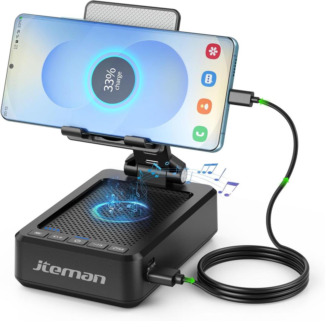 JTEMAN Cell Phone Stand with Bluetooth Speaker and Charging Function, HD Sound Adjustable Phone Holder, Birthday Gifts for Men Women, Cool Tech Kitchen Gadgets for All Phones, Tablet (Black)