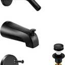 3 Piece Bathroom Fixture Set in Matte Black Shower Arm with Flange, Bathtub Drain, and 5-1/4 Inch Tub Spout Complete Upgrade Kit for Modern Bathrooms