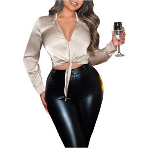 SOLY HUX Women's Satin Crop Blouse Collared V Neck Long Sleeve Shirts Sexy Cropped Tops (M, Plain Champagne)