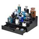 GLOKUUCA Perfume Organizer for Men, 4 Tier Wood Perfume Display Stand with Velvet Lining Drawer and Hidden Compartment for Watch, Jewelry, Perfume Display Risers, A Gift for Men (Black)