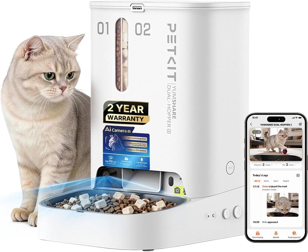 PETKIT Automatic Cat Feeder with Camera, Upgraded Multi-Cat Recognition, Night Vision,2.4G&5G WiFi Dog Feeder with Freshness Lock,5L Timed Dual Hopper Food Dispenser with Low Food Sensor