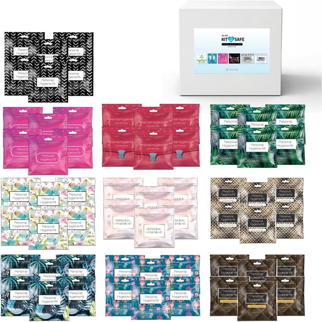 60-Pack Bulk Menstrual Care Kits - Individually Wrapped Packs with Tampon, Maxi Pad, Feminine Wipes & Alcohol Hand Wipe - for Schools, Government Agencies, Shelters & Charities - Assorted Colors