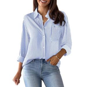 Aoudery Womens Button Down Shirts Cotton Striped Dress Shirts Long Sleeve Button Up Collared Office Work Blouses Tops-Blue and White L