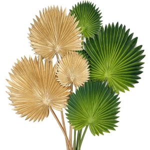 6 Pcs Pu Foam Artificial Palm Leaves Faux Palm Tropical Leaves Fake Palm Fronds for DIY Wedding Bouquets Fake Leaves for Centerpieces Arrangements Bridal Shower Palm Leaf for Home Decor Gold&Green (Green&gold)